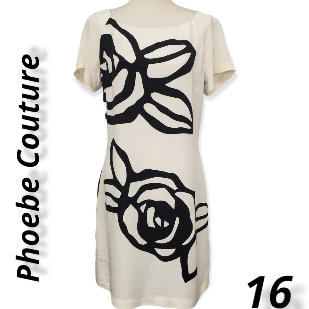 Phoebe Couture Sheath Dress White & Black Rose Print  Scoop Neck Short Sleeve 16